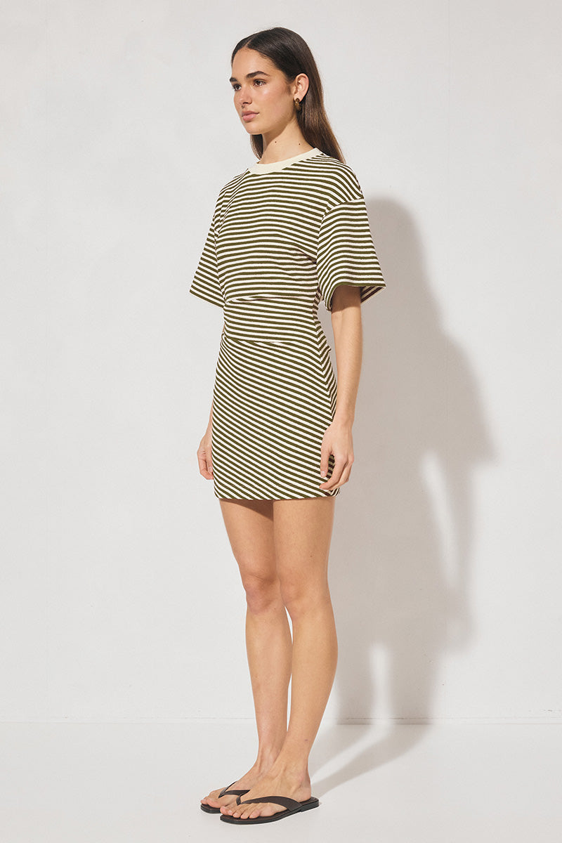 Striped bonded knit tee shirt mini dress with oversized fit, cinched waist, wide sleeves, and crew neckline