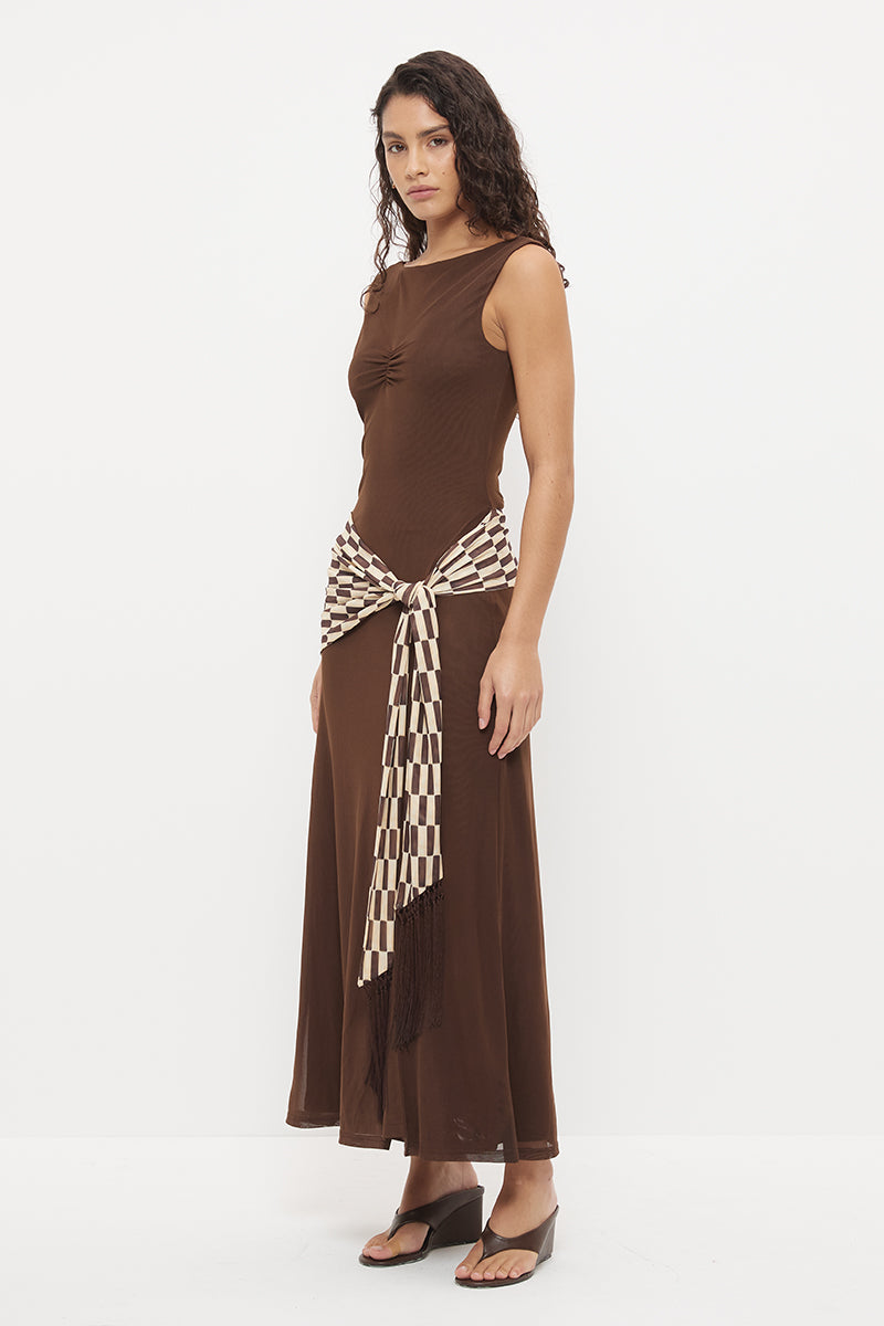 Sleeveless maxi dress with boat neckline, contrast printed sash and macrame tassel detail