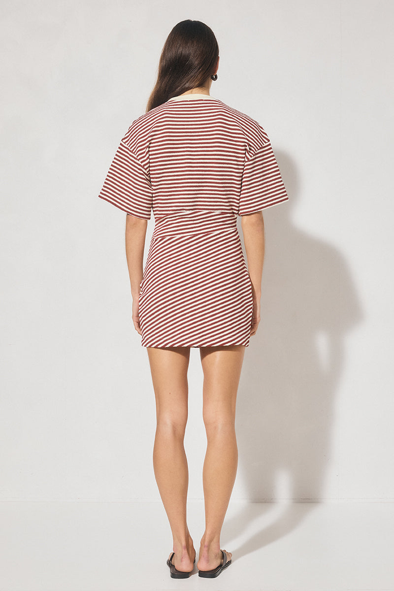 Striped bonded knit tee shirt mini dress with oversized fit, cinched waist, wide sleeves, and crew neckline