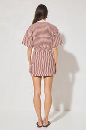 Striped bonded knit tee shirt mini dress with oversized fit, cinched waist, wide sleeves, and crew neckline