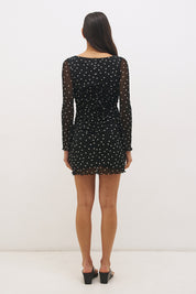 Woman wearing a printed polka dot mesh long sleeve mini dress with a fit-and-flare silhouette, boat neckline, sheer sleeves, and lettuce hem detail.