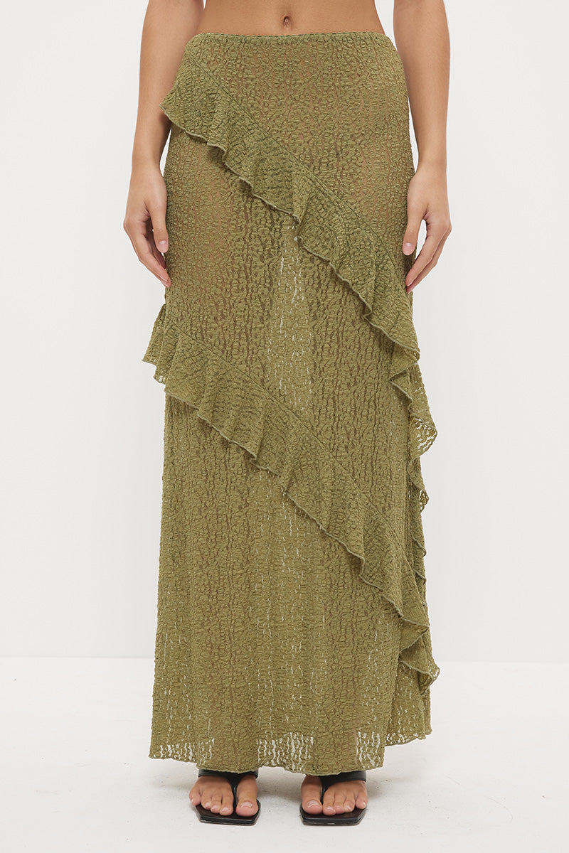 Sheer mesh lace maxi skirt with A-line silhouette, flounced frill panels and lettuce hem finish