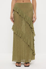 Sheer mesh lace maxi skirt with A-line silhouette, flounced frill panels and lettuce hem finish