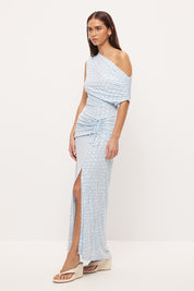 One-shoulder maxi dress in textured jacquard mesh with draped neckline and ruched hip drawcord