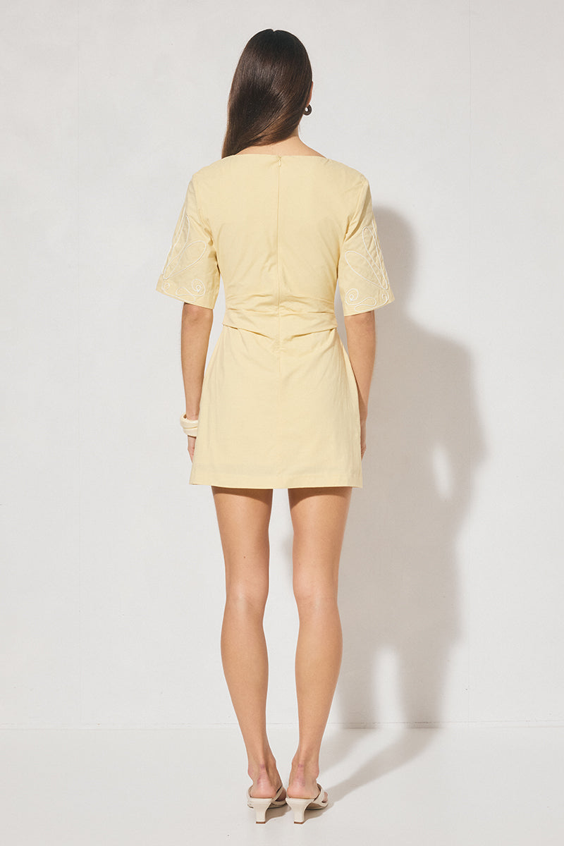  Shift mini dress in woven cotton-blend with cornelli applique, jewel neckline, short flared sleeves, and A-line skirt