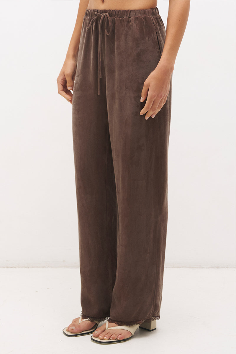 Relaxed straight leg drawstring pants in cupro blend twill with scalloped lace hem and elastic waistband