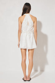Embroidered halter mini dress with macramé waist belt and A-line silhouette