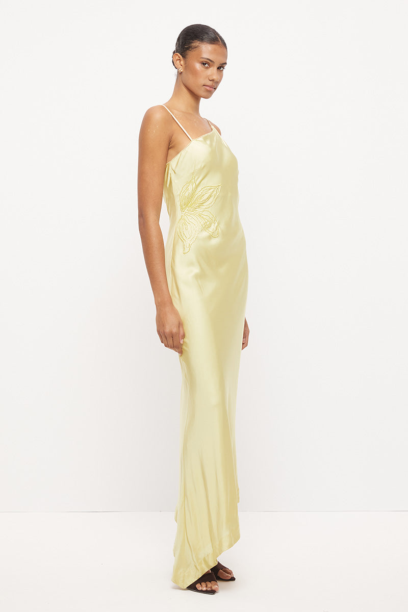 Strappy bias-cut sateen maxi dress with scalloped asymmetrical neckline and beaded floral waist motif
