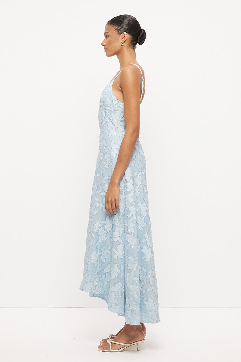 Strappy hi-lo midi dress in semi-sheer floral applique with plunging V-neckline and fit and flare skirt
