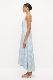 Strappy hi-lo midi dress in semi-sheer floral applique with plunging V-neckline and fit and flare skirt