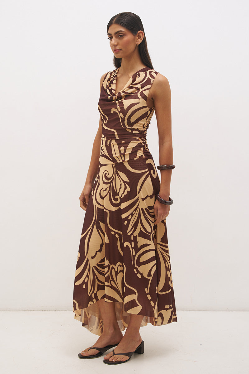Sleeveless mesh midi dress with handcrafted print, cowl neckline, fit and flare silhouette, and hi-lo hem