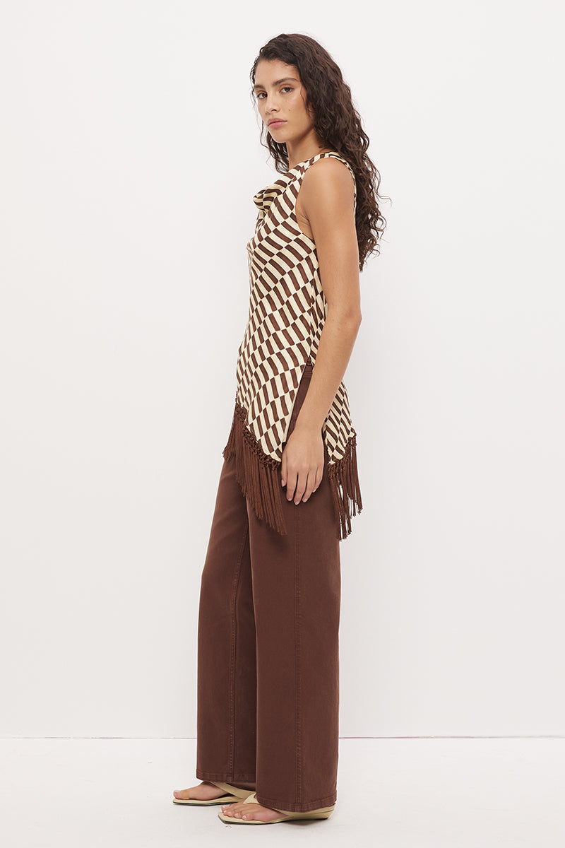 Sleeveless bias-cut longline top in brushed woven fabric with cowl neckline and macrame tassel hem