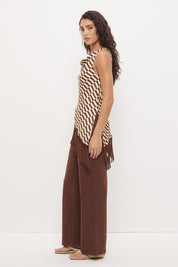 Sleeveless bias-cut longline top in brushed woven fabric with cowl neckline and macrame tassel hem