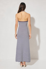Knitted halter neck dress with asymmetrical cowled neckline, bodycon fit, contrast bead strap detail, and fit-and-flare silhouette