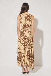  Sleeveless mesh midi dress with handcrafted print, cowl neckline, fit and flare silhouette, and hi-lo hem