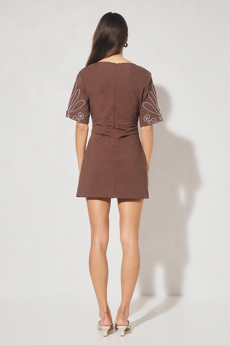  Shift mini dress in woven cotton-blend with cornelli applique, jewel neckline, short flared sleeves, and A-line skirt