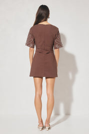  Shift mini dress in woven cotton-blend with cornelli applique, jewel neckline, short flared sleeves, and A-line skirt