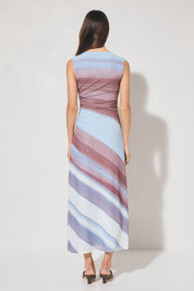 Asymmetric ombre mesh midi dress with draped ruching, sleeveless boat neckline, fitted torso and A-line skirt