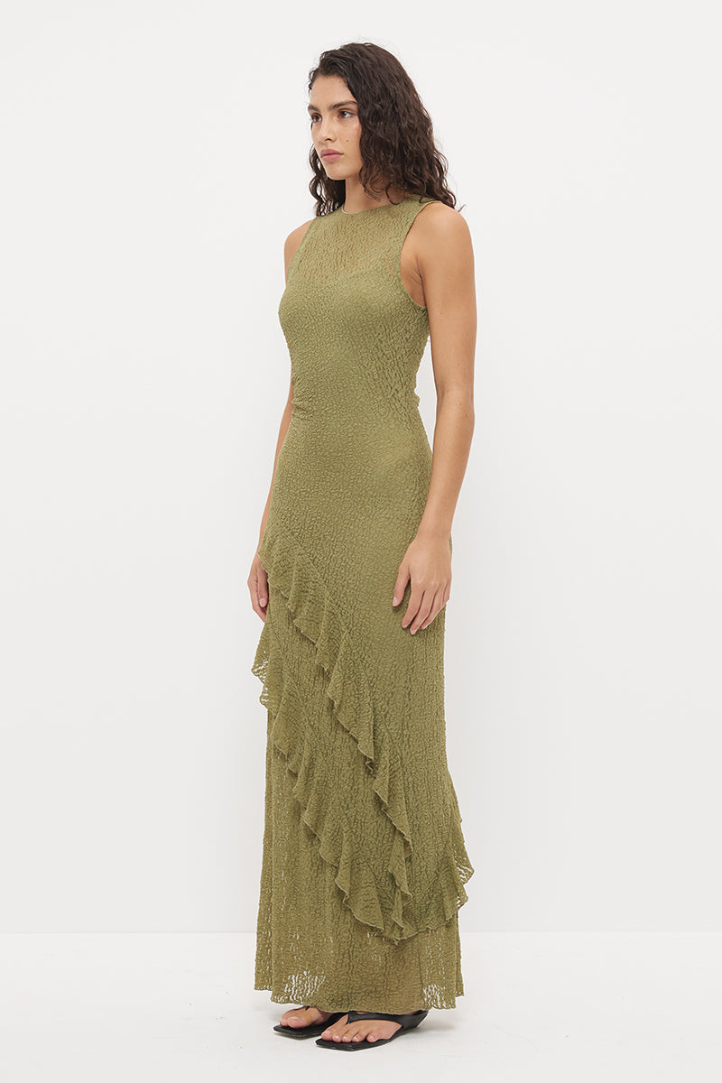 Sheer mesh lace midi dress with fit and flare silhouette, waist ruching and flounced frill hem