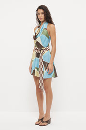 Halter neck mini dress in sateen with cowled neckline and contrast wooden ring belt