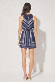 Sleeveless mini dress with handcrafted placement print, blouson bias-cut bodice, cowled neckline, and skimming mini skirt