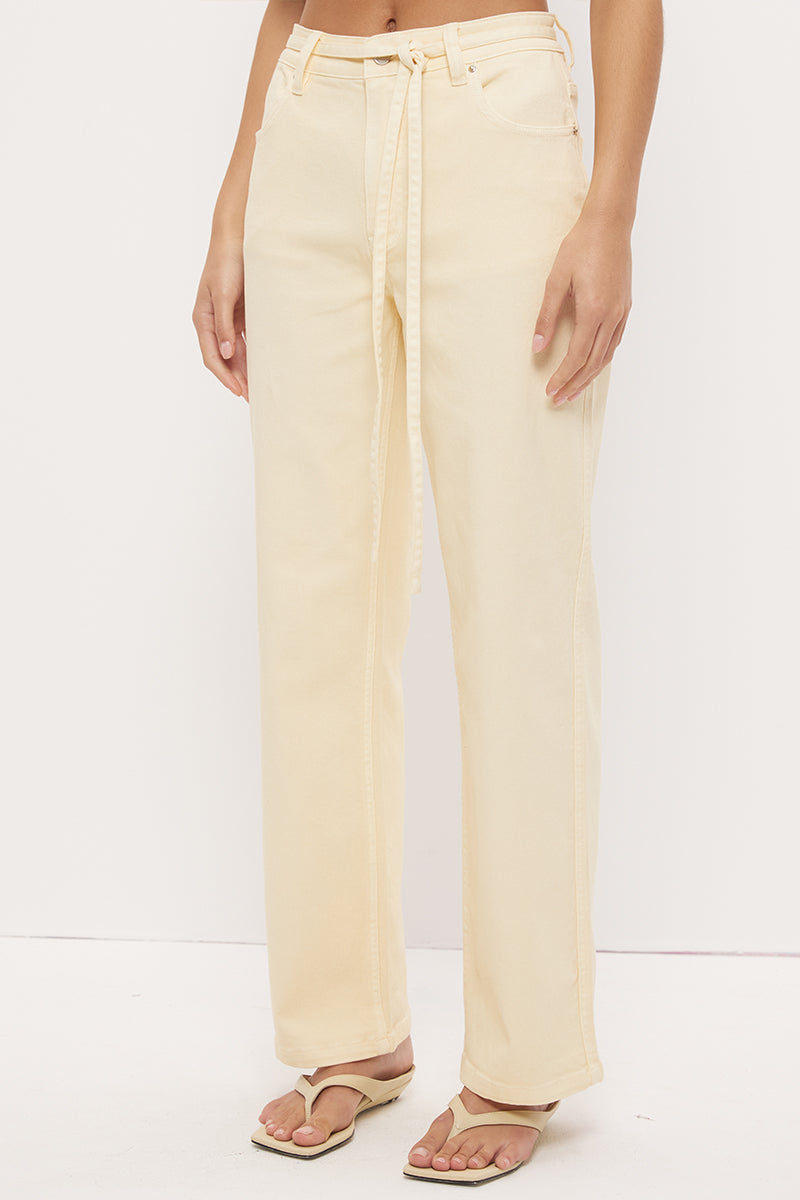 Mid-rise straight leg denim jeans with narrow waist tie and rivet detailing
