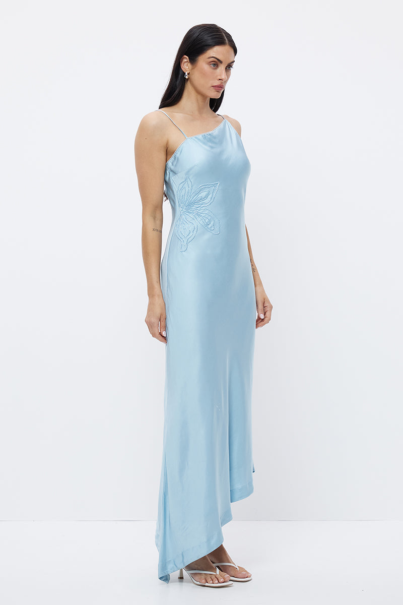 Strappy bias-cut sateen maxi dress with scalloped asymmetrical neckline and beaded floral waist motif