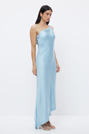 Strappy bias-cut sateen maxi dress with scalloped asymmetrical neckline and beaded floral waist motif