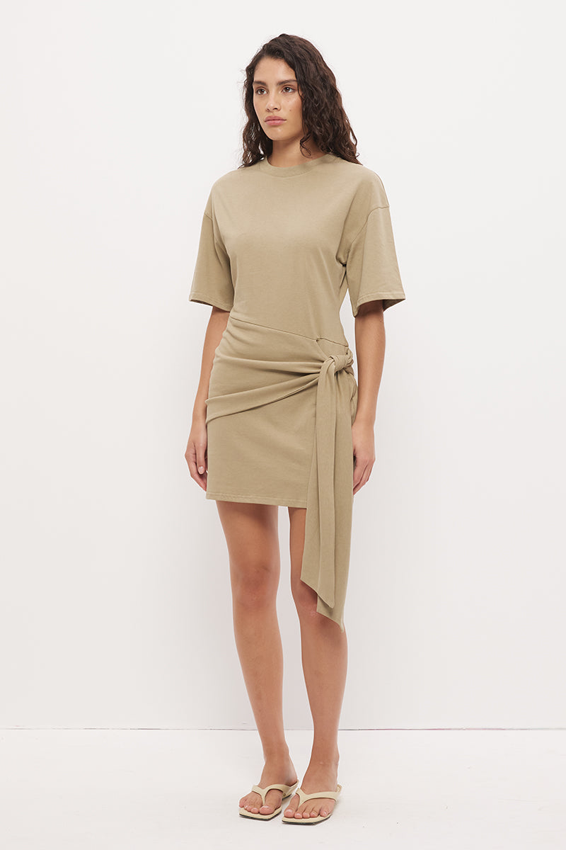 Tee shirt mini dress in cotton jersey with dropped waist and contrast tie sash