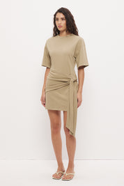 Tee shirt mini dress in cotton jersey with dropped waist and contrast tie sash