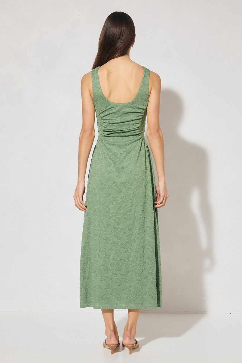 Fit & flare lace midi dress with boat neckline and gathered bodice