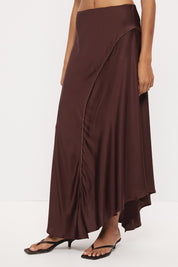 Mid-rise sateen maxi skirt with bias cut, scalloped waist trim and asymmetrical draped hem