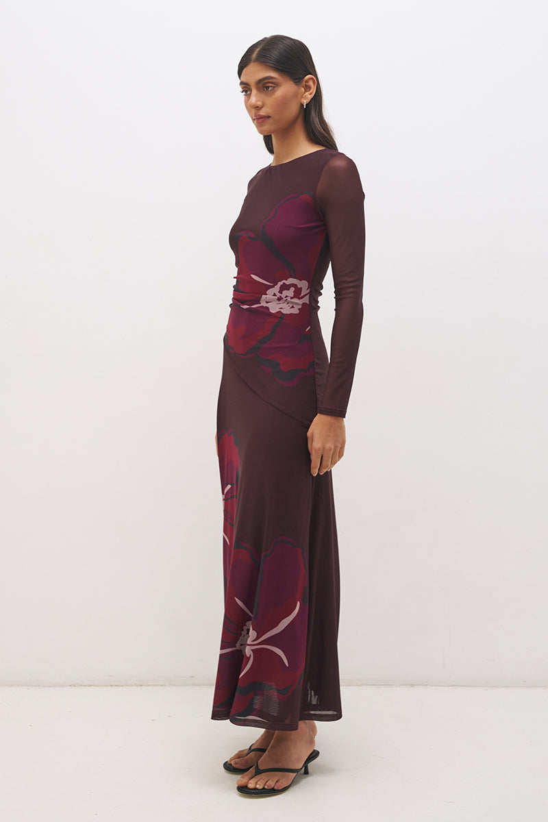 Long sleeve mesh maxi dress with handcrafted placement print, boat neckline, sheer sleeves and flowing skirt