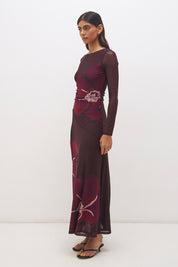 Long sleeve mesh maxi dress with handcrafted placement print, boat neckline, sheer sleeves and flowing skirt