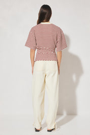 Striped bonded knit oversized women’s tee shirt with cinched waist, side splits, wide sleeves, and crew neckline