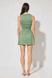 Sleeveless textured lace mini dress with fit-and-flare silhouette, narrow boat neckline, gathered bodice, and full mini-length skirt