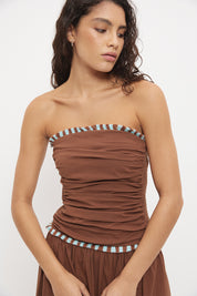 Strapless maxi dress in textured stretch cotton with two-tone fringed trim detail