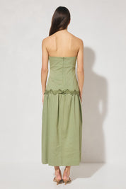 Strapless midi dress with scalloped embroidery, straight neckline, gathered bust, elasticated side panels, and full gathered fit-and-flare skirt