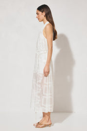 ELOWEN Halter Midi Dress in semi-sheer embroidered fabric with V-neck halter neckline, A-line swing silhouette, and removable macramé waist belt