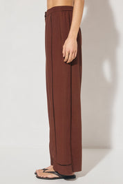 High-waisted textured woven straight-leg pants with ladder trim side panel and tailored waistband