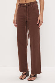 Mid-rise straight leg denim jeans with narrow waist tie and rivet detailing