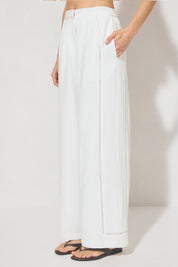High-waisted textured woven straight-leg pants with ladder trim side panel and tailored waistband