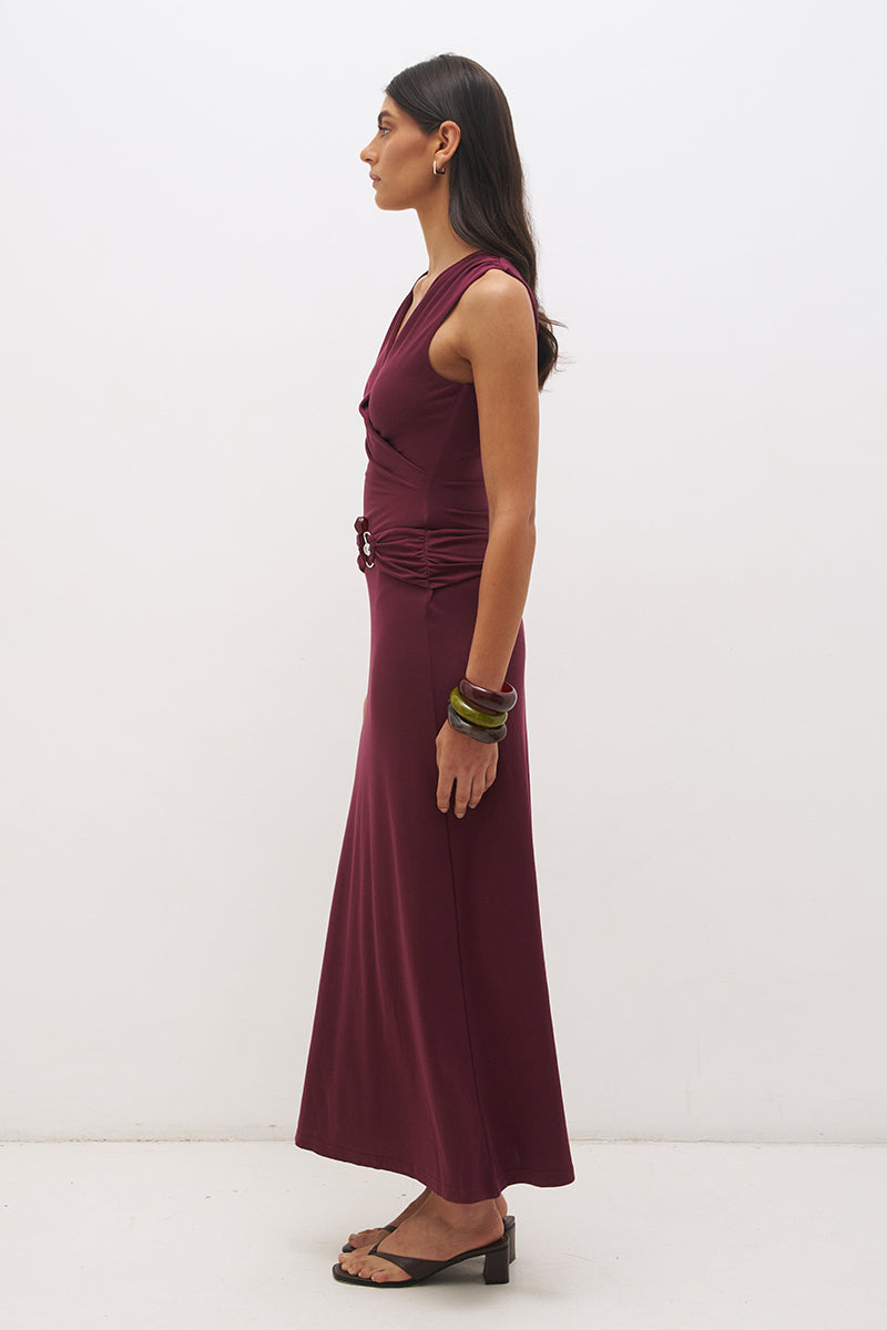 Sleeveless jersey maxi dress with cowl neckline, spiral ring detail, ruched bodice and fit and flare silhouette