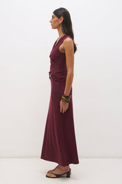 Sleeveless jersey maxi dress with cowl neckline, spiral ring detail, ruched bodice and fit and flare silhouette