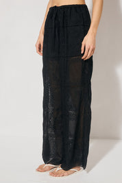 ELOWEN Relaxed Drawstring Pants in semi-sheer embroidered fabric with wide-leg silhouette, elasticated waist, drawcord, and side pockets