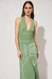 Mesh halter midi dress with body-skimming silhouette and halter tie