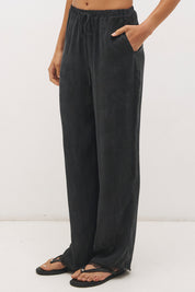 Relaxed straight leg drawstring pants in cupro blend twill with scalloped lace hem and elastic waistband