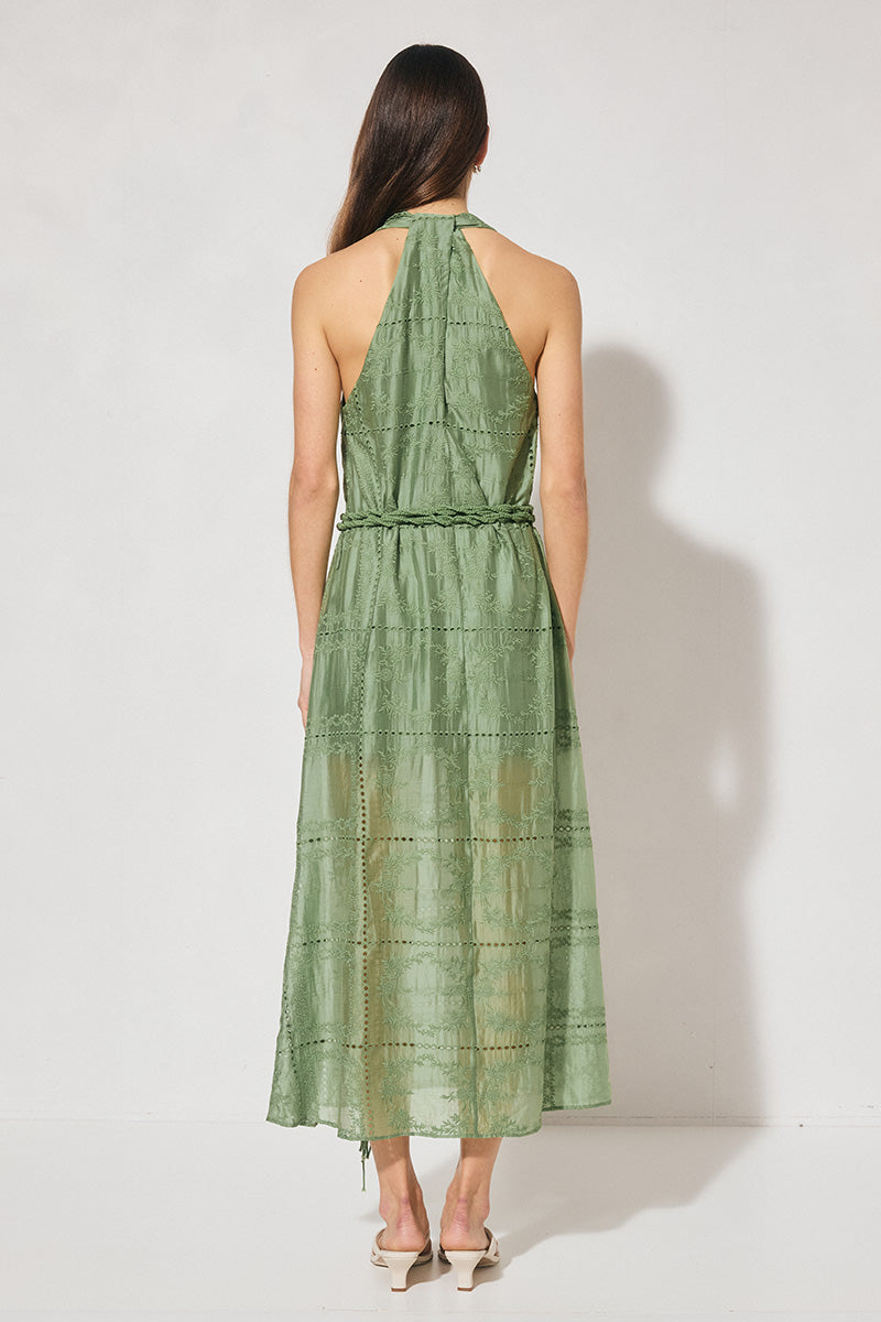 ELOWEN Halter Midi Dress in semi-sheer embroidered fabric with V-neck halter neckline, A-line swing silhouette, and removable macramé waist belt