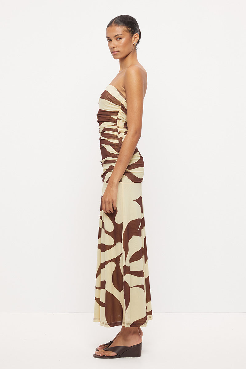 Strapless midi dress in stretchy mesh with fitted longline bodice, dropped waist and side split in exclusive handcrafted print