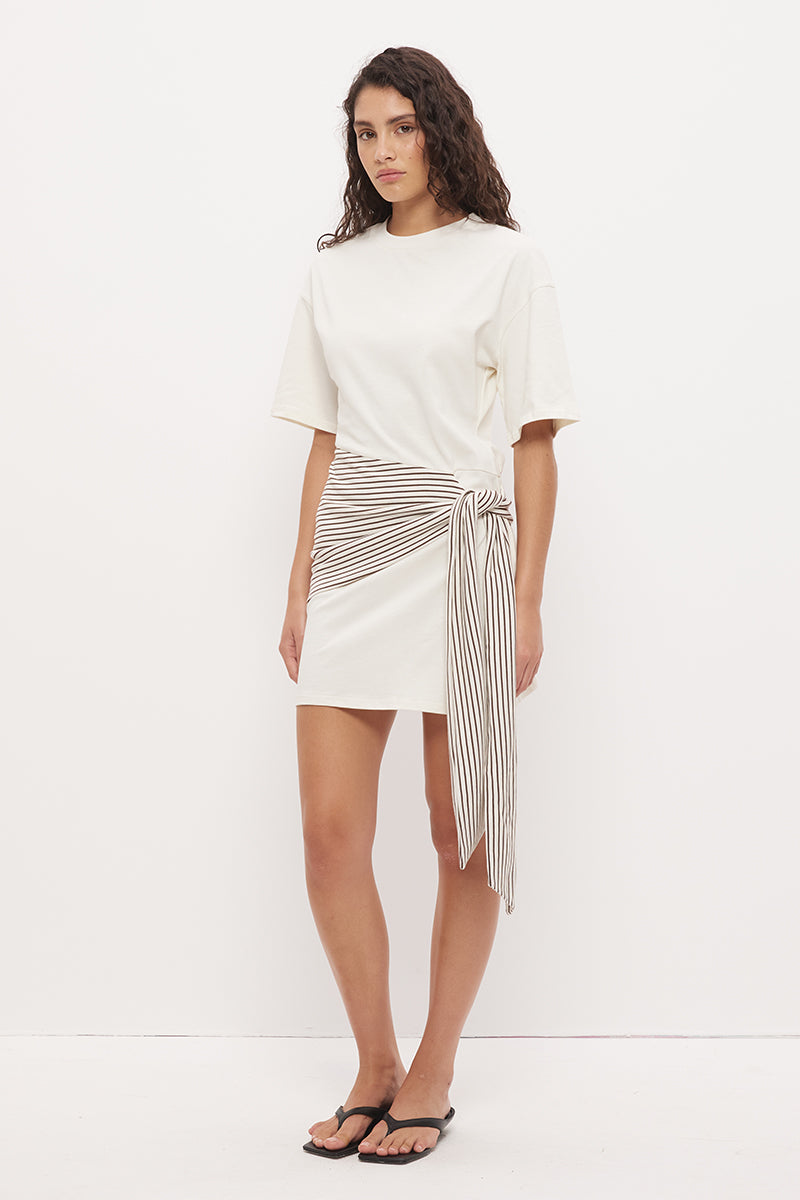 Tee shirt mini dress in cotton jersey with dropped waist and contrast tie sash